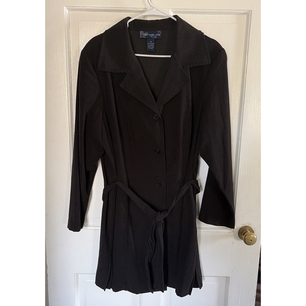 Susan Graver Women Black Sueded Shirt Dress 1X Classic Preppy Capsule Minimalist